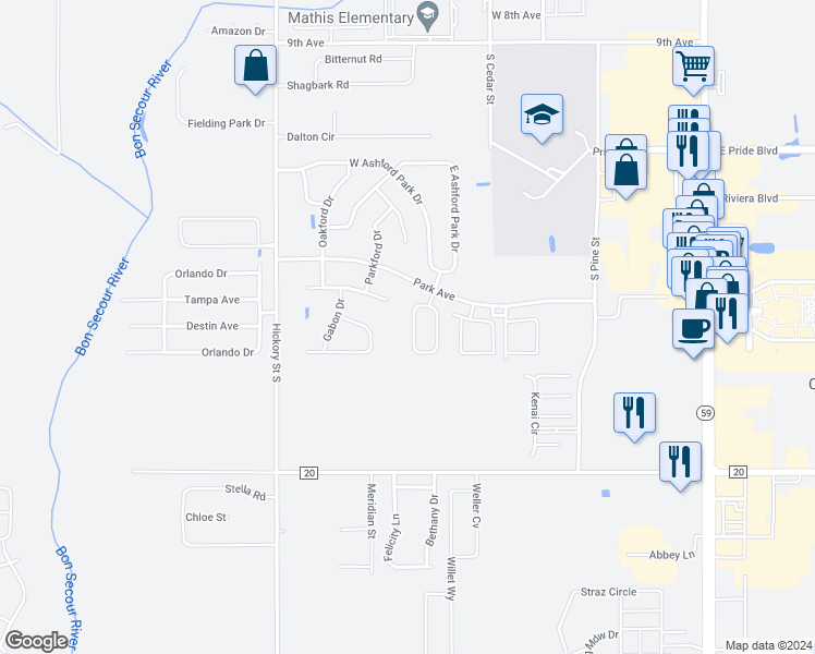 map of restaurants, bars, coffee shops, grocery stores, and more near 2704 Hampton Park Circle in Foley
