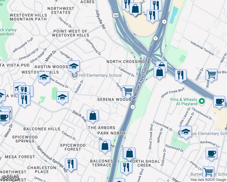 map of restaurants, bars, coffee shops, grocery stores, and more near 8601 Azalea Trail in Austin