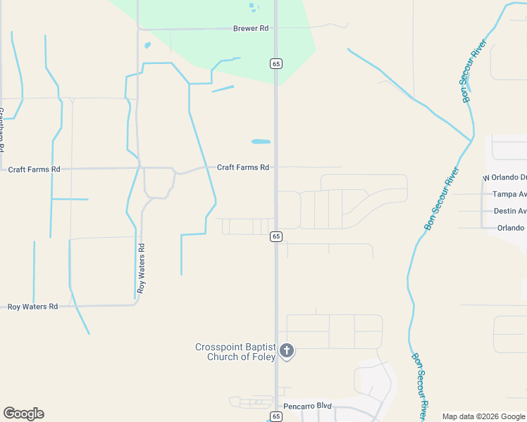 map of restaurants, bars, coffee shops, grocery stores, and more near 10343 County Road 65 in Foley