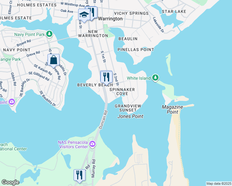 map of restaurants, bars, coffee shops, grocery stores, and more near 612 South 1st Street in Pensacola