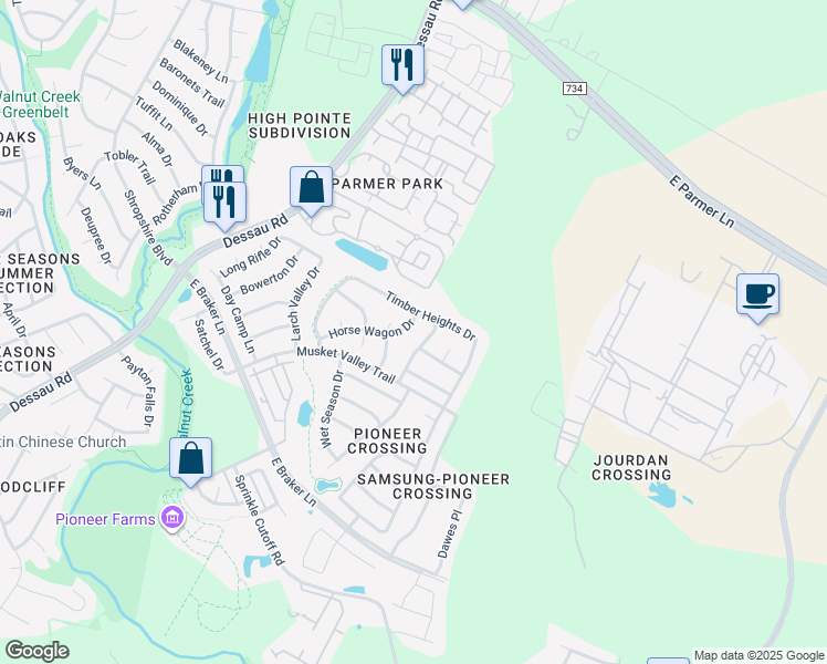 map of restaurants, bars, coffee shops, grocery stores, and more near 2113 Horse Wagon Drive in Austin