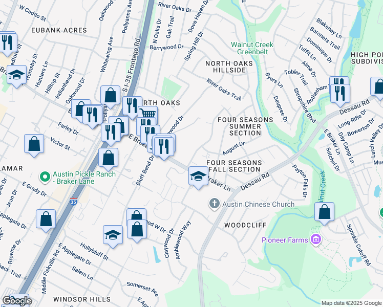 map of restaurants, bars, coffee shops, grocery stores, and more near 11308 Walnut Ridge Drive in Austin