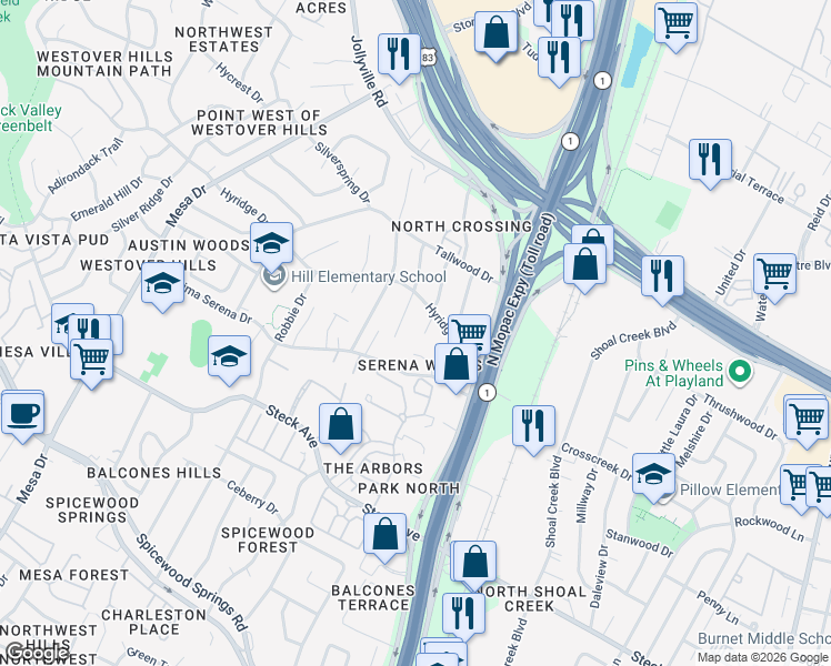 map of restaurants, bars, coffee shops, grocery stores, and more near 8601 Azalea Trail in Austin