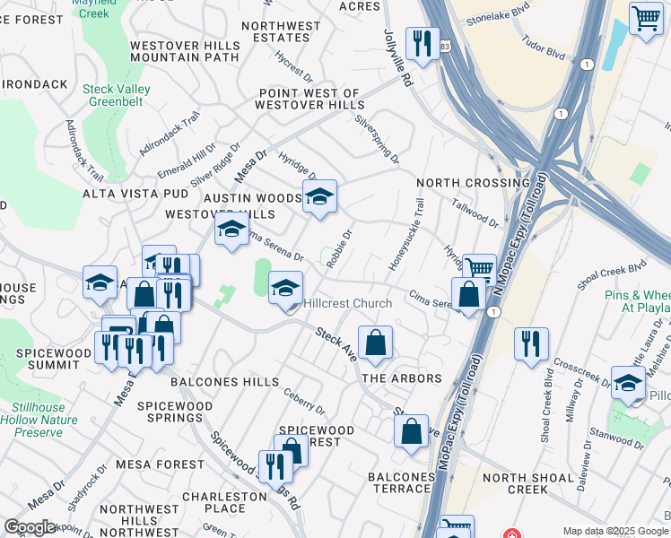 map of restaurants, bars, coffee shops, grocery stores, and more near 8401B Cima Oak Lane in Austin