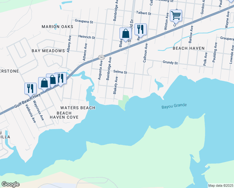map of restaurants, bars, coffee shops, grocery stores, and more near 2114 Blakely Avenue in Pensacola