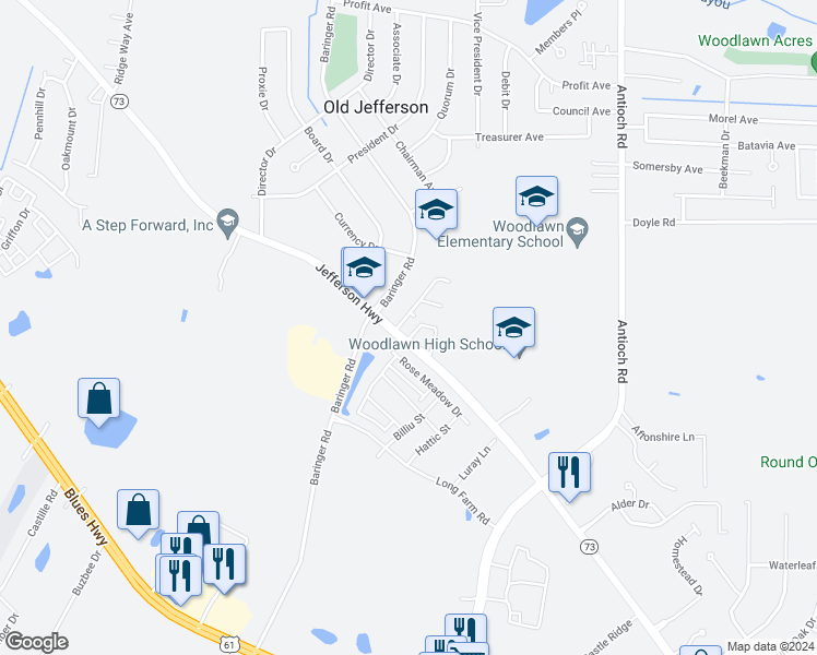 map of restaurants, bars, coffee shops, grocery stores, and more near 8012 Jefferson Park Drive in Baton Rouge