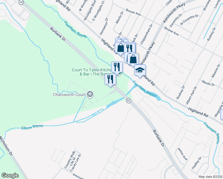 map of restaurants, bars, coffee shops, grocery stores, and more near 7490 Burbank Drive in Baton Rouge