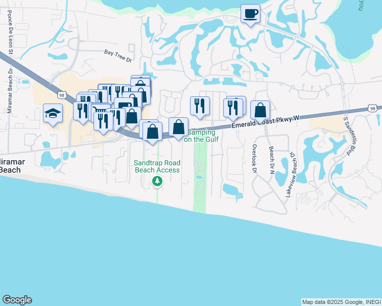 map of restaurants, bars, coffee shops, grocery stores, and more near 27 Casting Lake Road in Miramar Beach