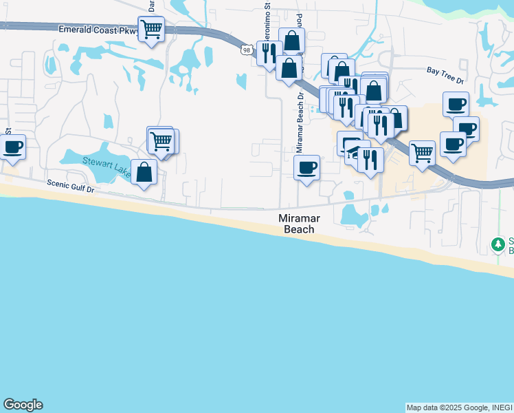 map of restaurants, bars, coffee shops, grocery stores, and more near 732 Scenic Gulf Drive in Miramar Beach