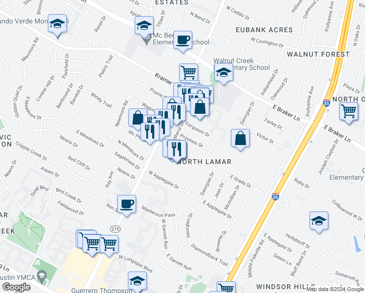 map of restaurants, bars, coffee shops, grocery stores, and more near 506 West Grady Drive in Austin