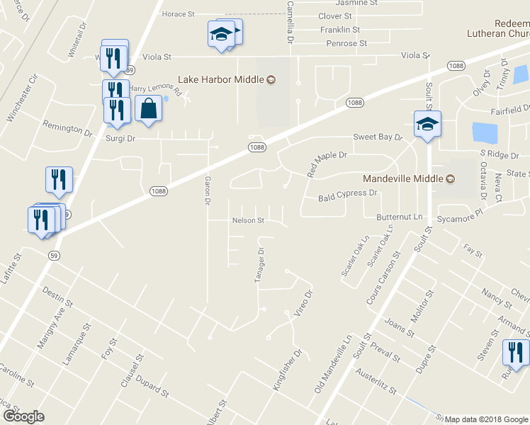 map of restaurants, bars, coffee shops, grocery stores, and more near 2316 Butterfly Court in Mandeville