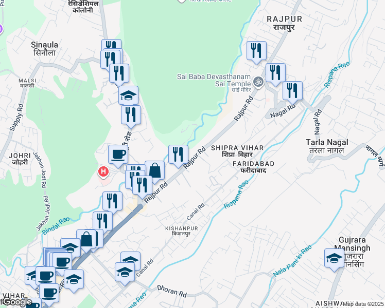 map of restaurants, bars, coffee shops, grocery stores, and more near Old Mussorie Road in Dehradun