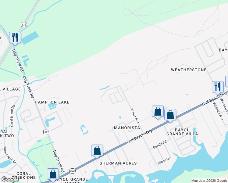 map of restaurants, bars, coffee shops, grocery stores, and more near 2127 Ledbetter Lane in Pensacola