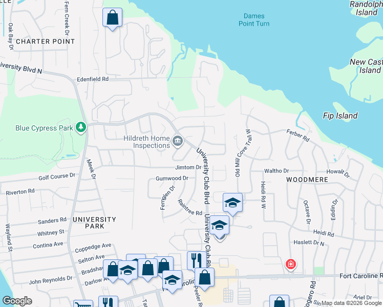 map of restaurants, bars, coffee shops, grocery stores, and more near 4041 Greenwillow Lane East in Jacksonville