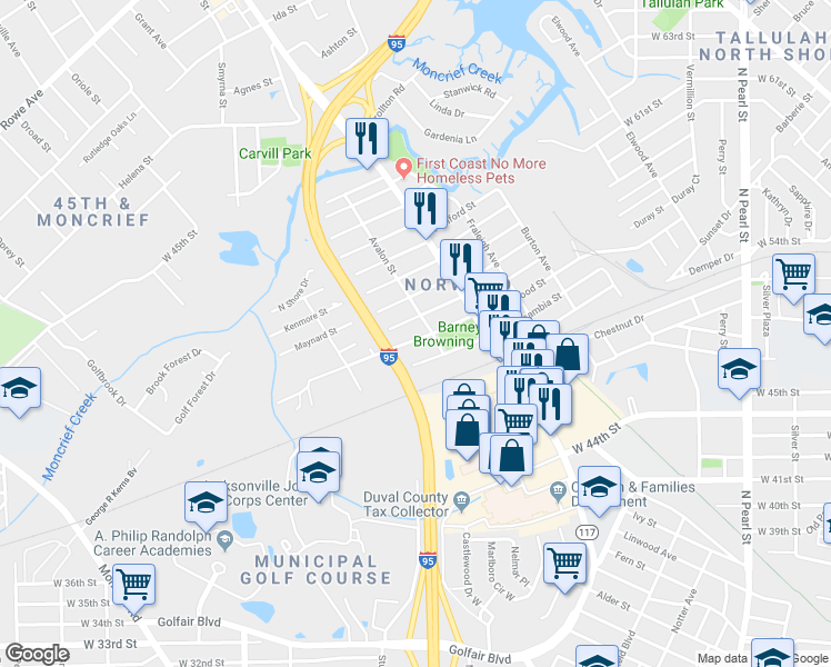map of restaurants, bars, coffee shops, grocery stores, and more near 1003 Crestwood Street in Jacksonville