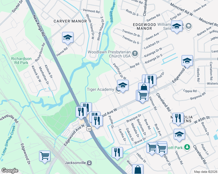 map of restaurants, bars, coffee shops, grocery stores, and more near 6121 Pope Place in Jacksonville