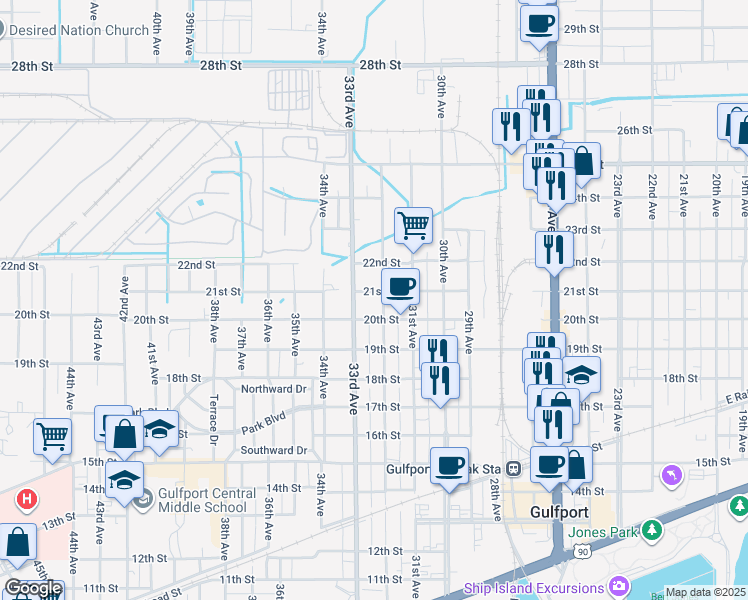 map of restaurants, bars, coffee shops, grocery stores, and more near 2012 32nd Ave in Gulfport