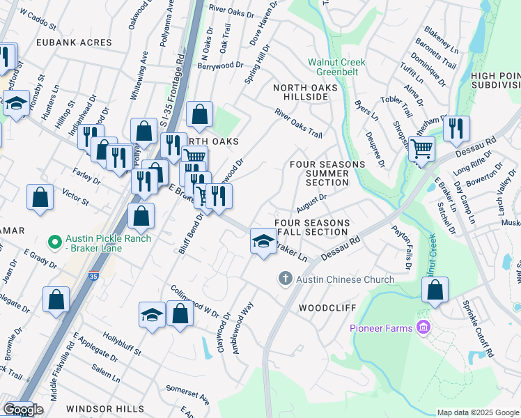 map of restaurants, bars, coffee shops, grocery stores, and more near 11308 Walnut Ridge Drive in Austin