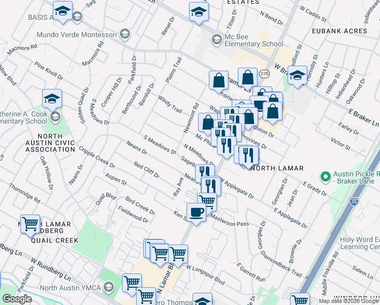 map of restaurants, bars, coffee shops, grocery stores, and more near 906 Sagebrush Drive in Austin