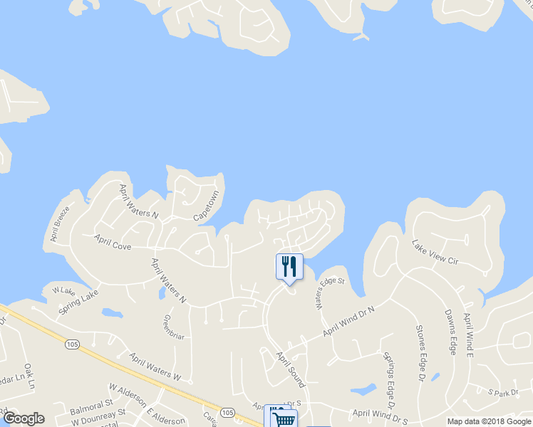 map of restaurants, bars, coffee shops, grocery stores, and more near 114 April Point Drive North in Montgomery