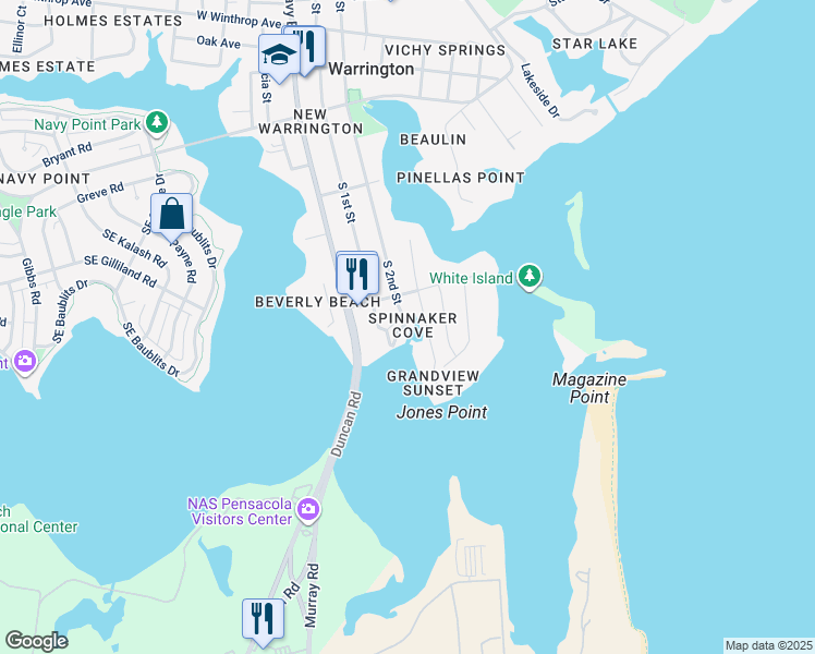 map of restaurants, bars, coffee shops, grocery stores, and more near 612 South 1st Street in Pensacola