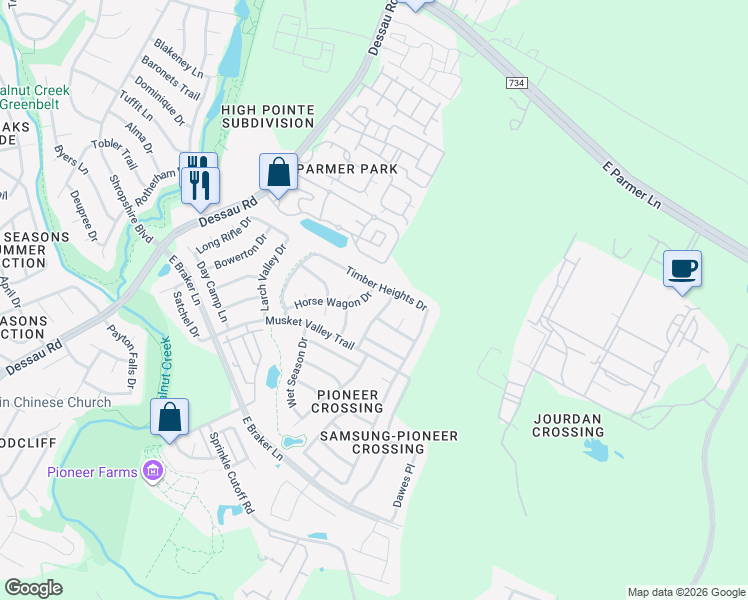 map of restaurants, bars, coffee shops, grocery stores, and more near 2113 Horse Wagon Drive in Austin