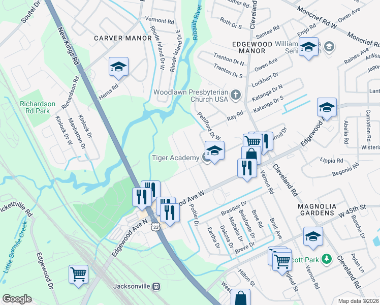map of restaurants, bars, coffee shops, grocery stores, and more near 6121 Pope Place in Jacksonville