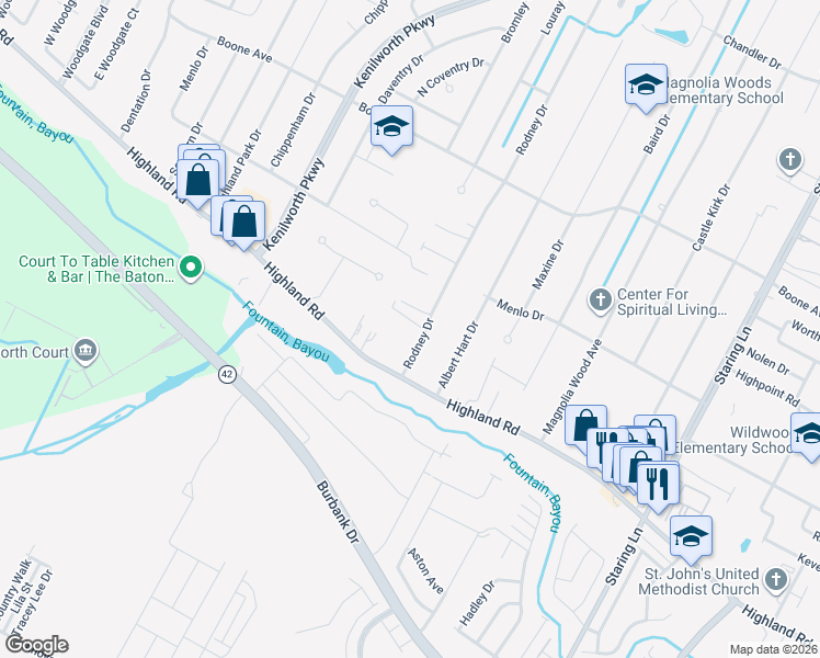 map of restaurants, bars, coffee shops, grocery stores, and more near 193 Rodney Drive in Baton Rouge