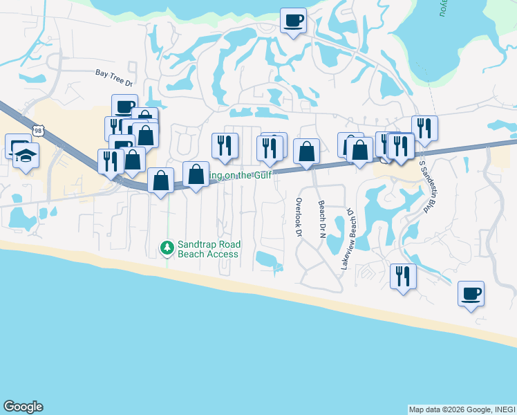 map of restaurants, bars, coffee shops, grocery stores, and more near 9815 U.S. 98 in Miramar Beach
