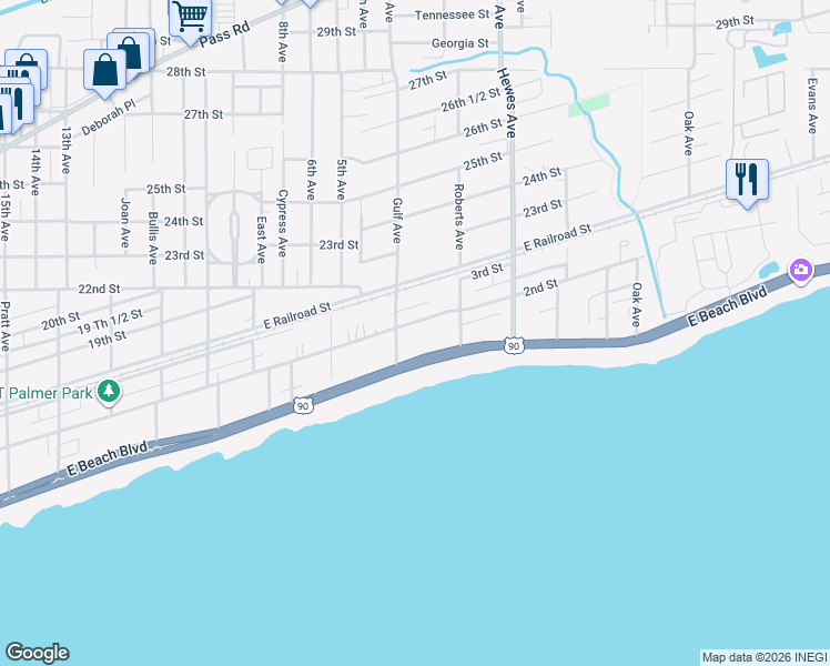 map of restaurants, bars, coffee shops, grocery stores, and more near 720 East Beach Boulevard in Gulfport