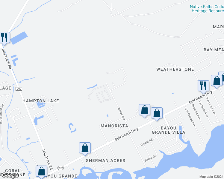 map of restaurants, bars, coffee shops, grocery stores, and more near 8777 Bradfield Drive in Pensacola