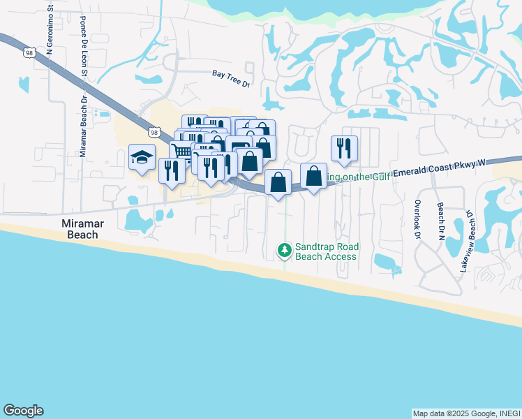 map of restaurants, bars, coffee shops, grocery stores, and more near 114 Main Sail Drive in Miramar Beach