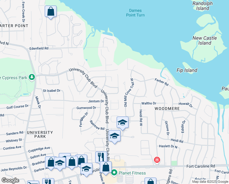 map of restaurants, bars, coffee shops, grocery stores, and more near 6158 Dawnridge Road East in Jacksonville
