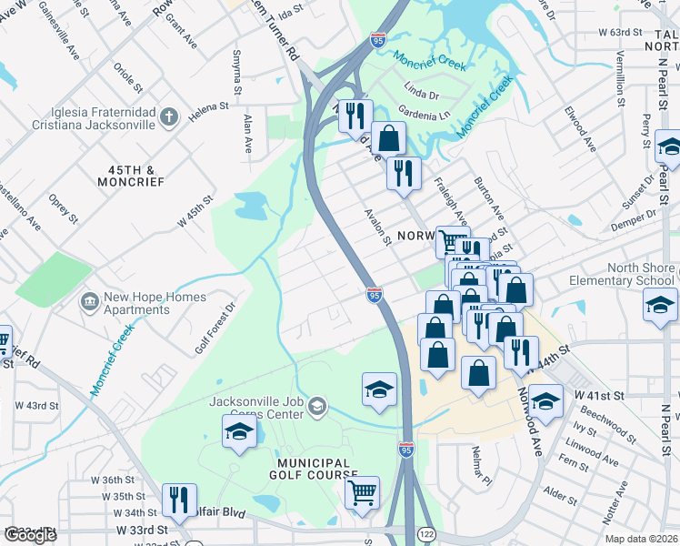 map of restaurants, bars, coffee shops, grocery stores, and more near 1142 Ardoon Street in Jacksonville