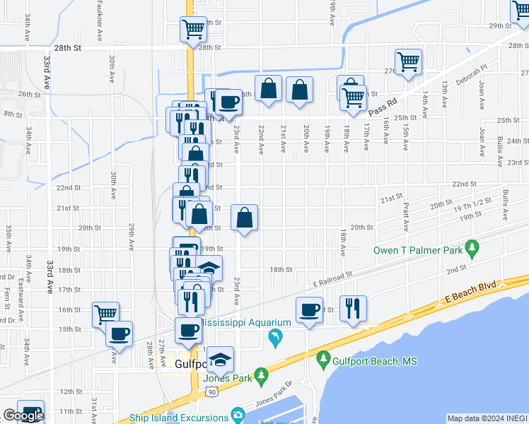map of restaurants, bars, coffee shops, grocery stores, and more near 2110 20th Street in Gulfport