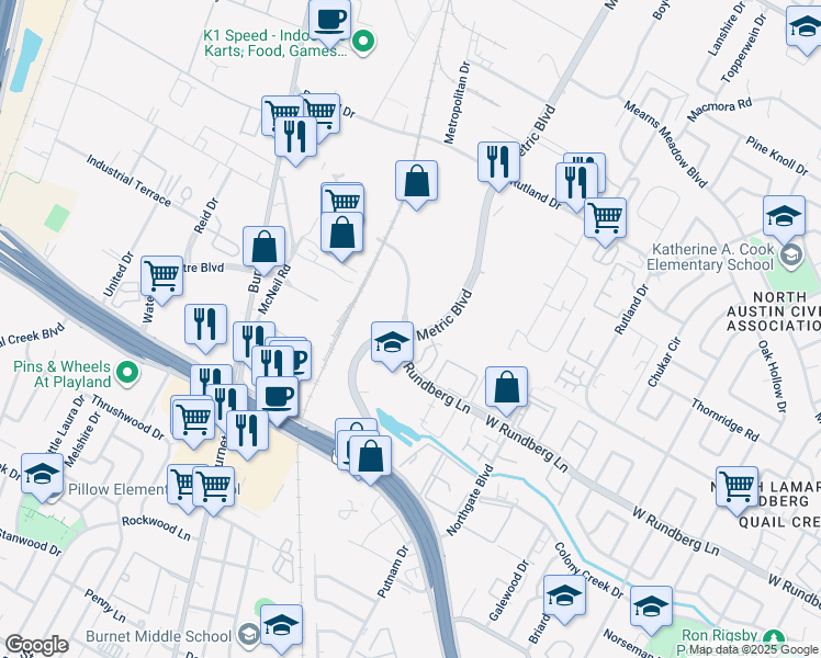 map of restaurants, bars, coffee shops, grocery stores, and more near 9413 Metric Boulevard in Austin