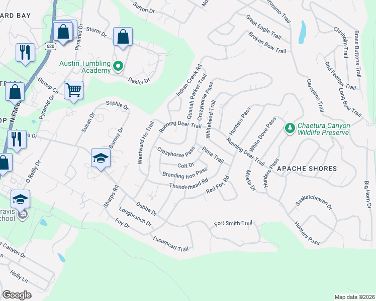 map of restaurants, bars, coffee shops, grocery stores, and more near 1715 Crazyhorse Pass in Austin