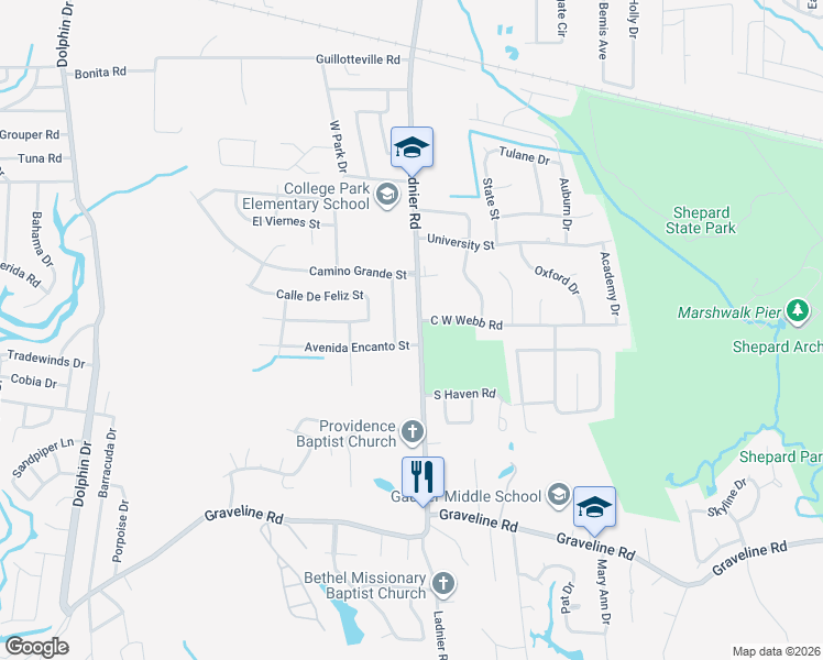 map of restaurants, bars, coffee shops, grocery stores, and more near 2300 Avenida Encanto Street in Gautier
