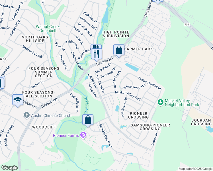 map of restaurants, bars, coffee shops, grocery stores, and more near 1601 Goddard Bluff Drive in Austin
