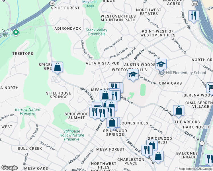 map of restaurants, bars, coffee shops, grocery stores, and more near 4121 Steck Avenue in Austin