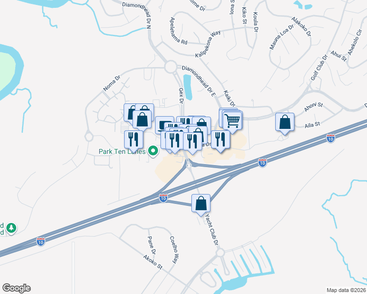 map of restaurants, bars, coffee shops, grocery stores, and more near 5408 Gex Drive in Diamondhead