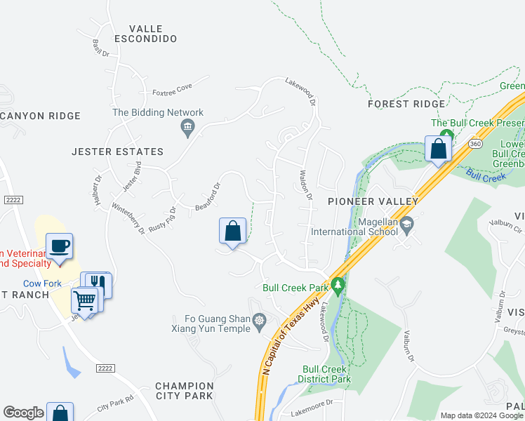 map of restaurants, bars, coffee shops, grocery stores, and more near 7322 Cave Hollow in Austin