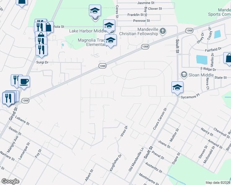map of restaurants, bars, coffee shops, grocery stores, and more near 371 Red Maple Drive in Mandeville