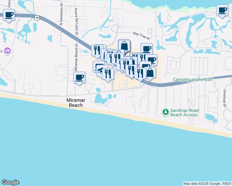 map of restaurants, bars, coffee shops, grocery stores, and more near 15 Lake Court in Miramar Beach