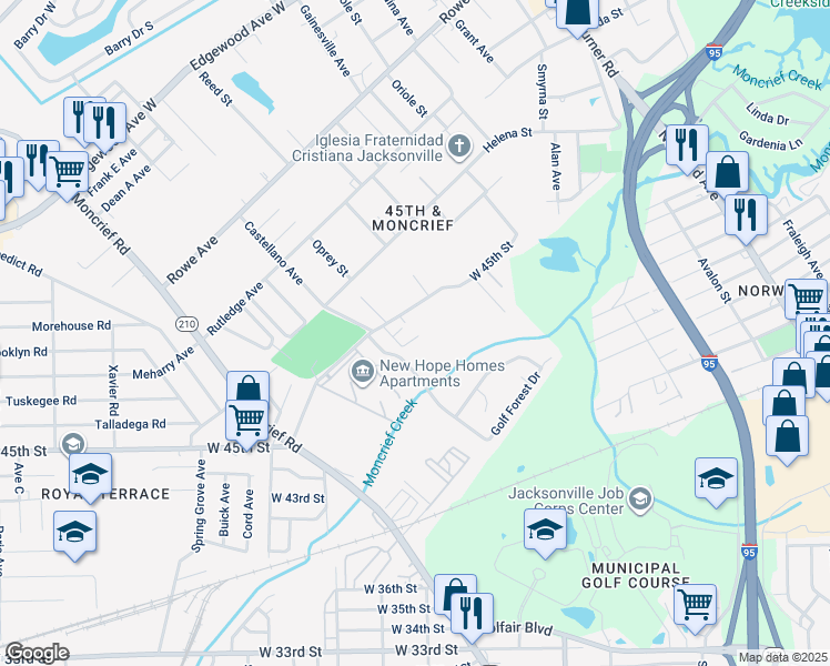 map of restaurants, bars, coffee shops, grocery stores, and more near 5536 Huwood Avenue in Jacksonville