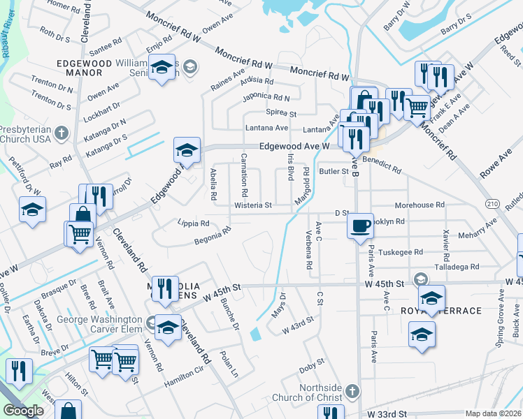 map of restaurants, bars, coffee shops, grocery stores, and more near 2560 D Street in Jacksonville