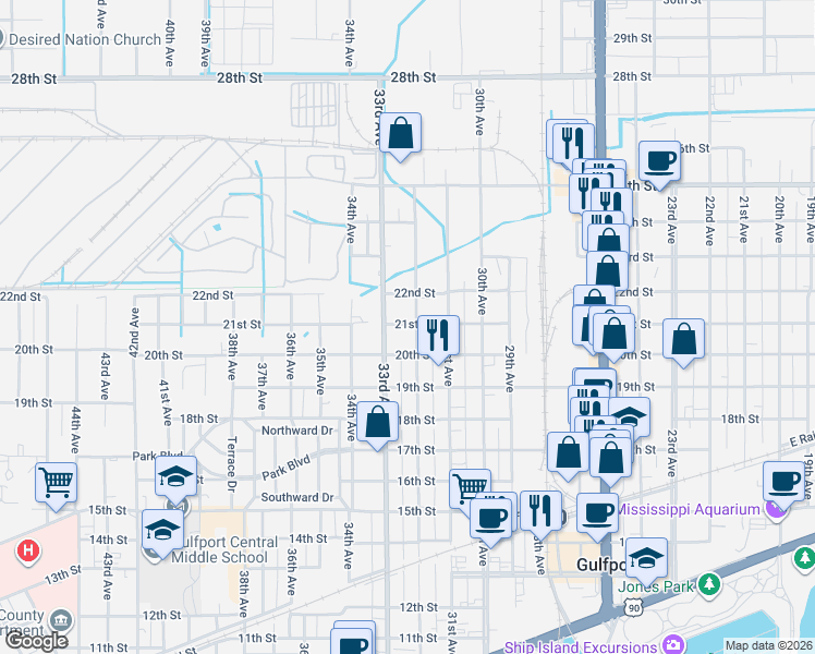map of restaurants, bars, coffee shops, grocery stores, and more near 2012 32nd Ave in Gulfport