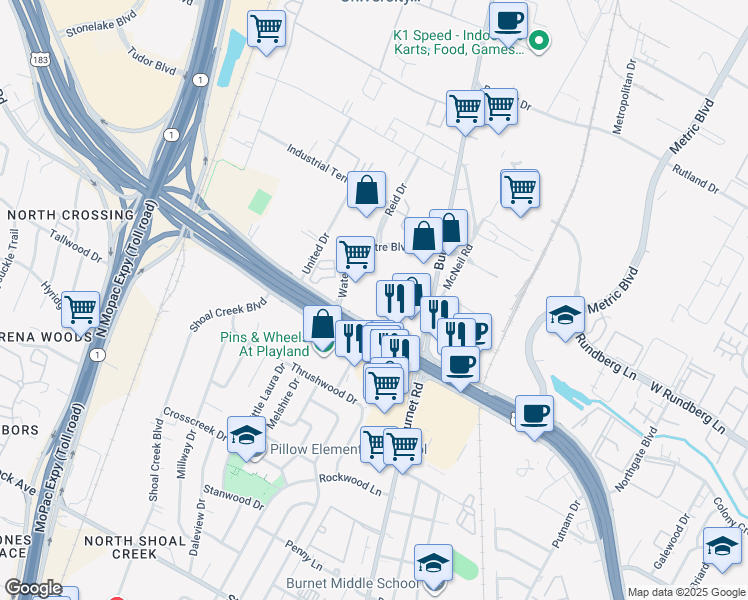 map of restaurants, bars, coffee shops, grocery stores, and more near 9099 Research Boulevard in Austin