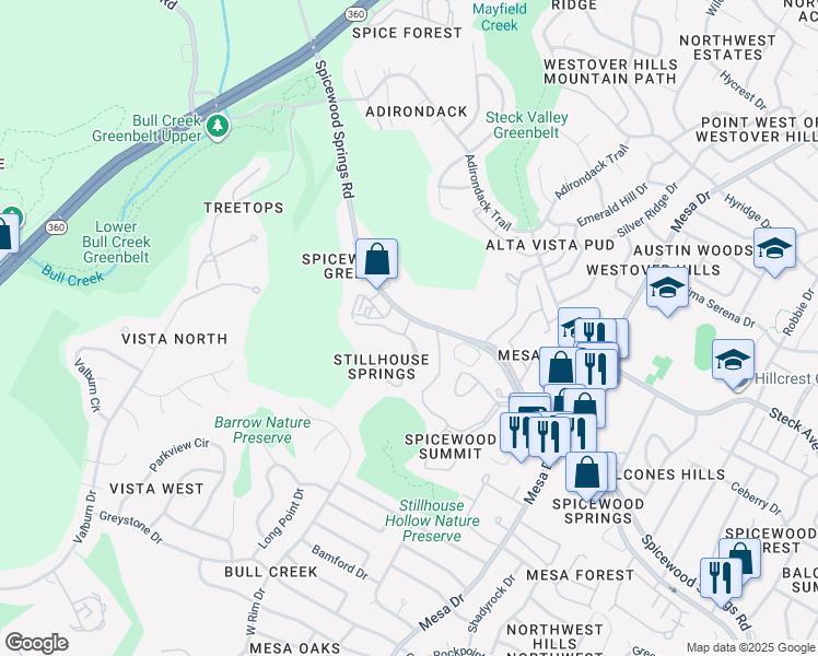 map of restaurants, bars, coffee shops, grocery stores, and more near 4701 Spicewood Springs Road in Austin