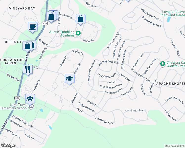 map of restaurants, bars, coffee shops, grocery stores, and more near 1605 Westward Ho Trail in Austin